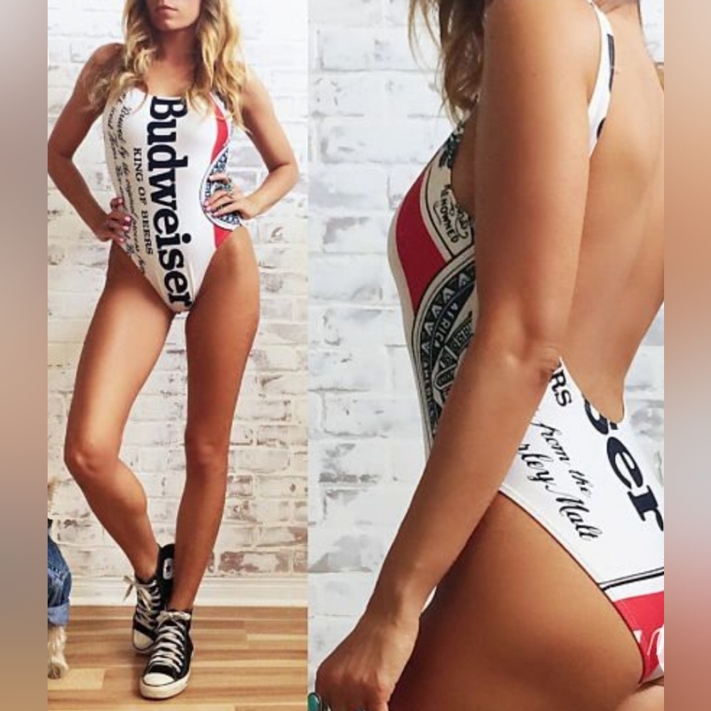NOS Vintage Budweiser one piece swim suit Hi Cut Low Back L 11/12